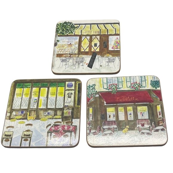 coasters set of 3 café cork back multi color dog cat bird 4x4" each READ - Picture 1 of 8